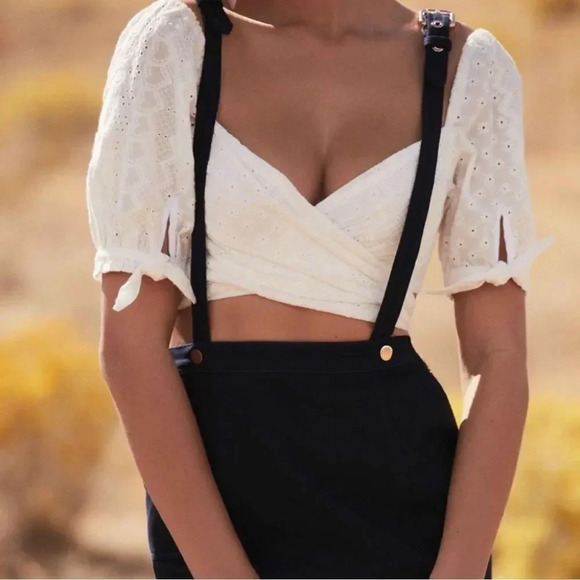 For Love & Lemons Charlotte Eyelet Wrap Top in White Heart - Picture 9 of 11